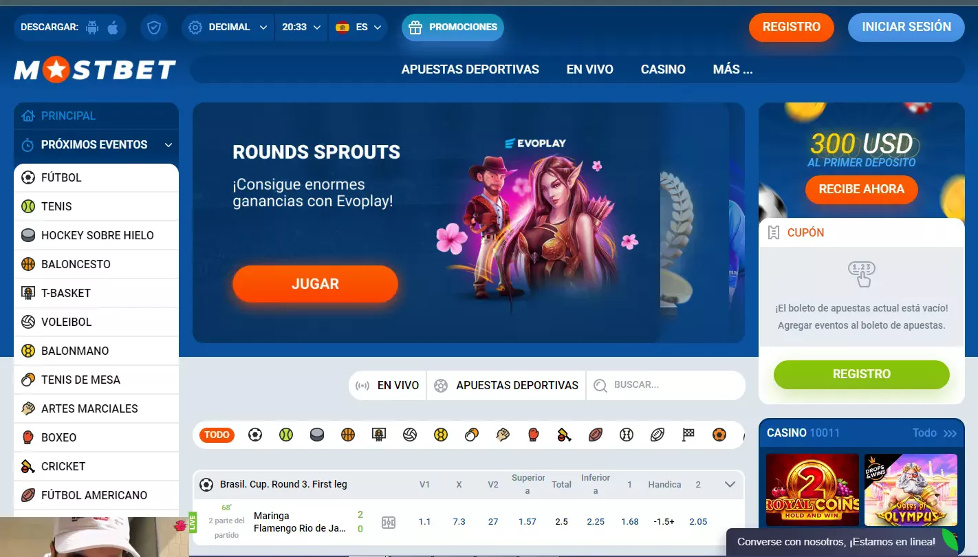 Página de inicio para el registro en Mostbet